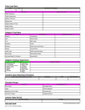 ICS SAR 201B Lost Person Questionnaire