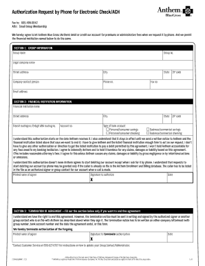 Anthem Blue Cross Electronic Check Authorization Form