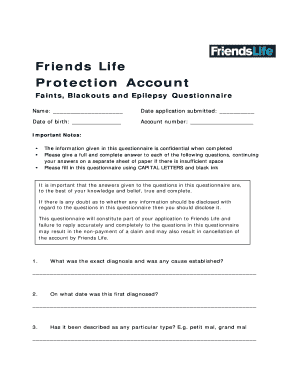 Friends Life Faints Blackouts Epilepsy Questionnaire