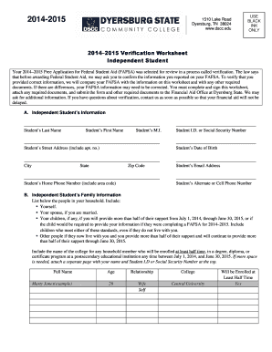 2014-2015 Independent Student Verification Worksheet