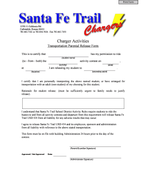 Transportation Parental Release Form