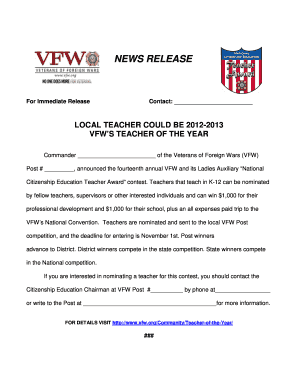 VFW Teacher of the Year Nomination Form