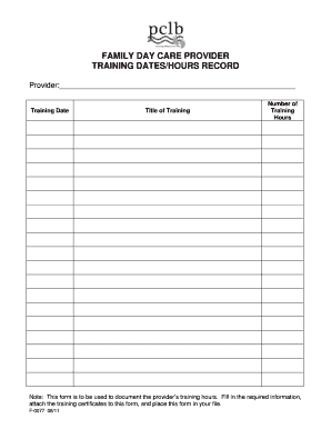 Family Day Care Provider Training Hours Record