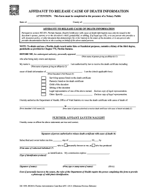 Affidavit to Release Cause of Death Information