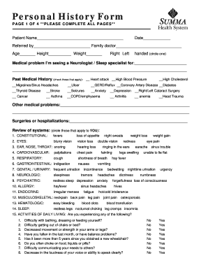 Patient Neurology Sleep History Form