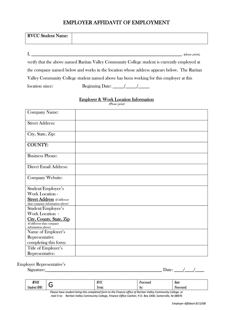 Employer Affidavit form - Raritan Valley Community College - raritanval Preview on Page 1