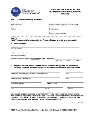 Technologist in Hematology Training Documentation Form