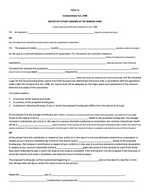 Notice of Future Funding of the Reserve Fund