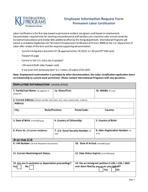 Employee Information Request Form for Permanent Labor Certification