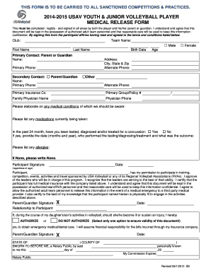 USAV Youth Junior Volleyball Player Medical Release Form