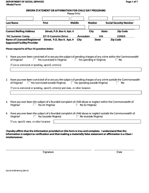 Sworn Statement for Child Day Programs