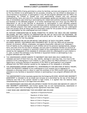 YMCA Member/Children Release and Waiver of Liability and Indemnity Agreement