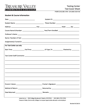Test Center Cover Sheet