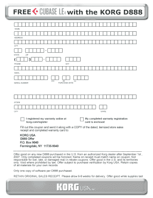 Korg D888 Warranty Registration Form