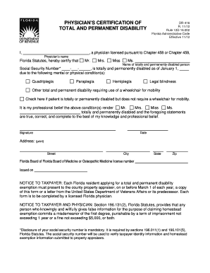 Physician's Certification of Total and Permanent Disability DR-416