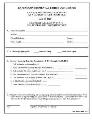 Kansas Candidate Receipts and Expenditures Report