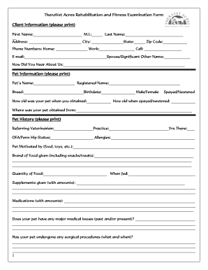 TheraVet Acres Pet Rehabilitation Examination Form