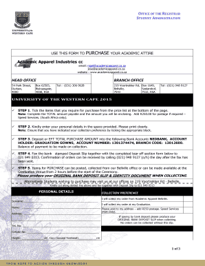 University of the Western Cape Graduation Attire Order Form
