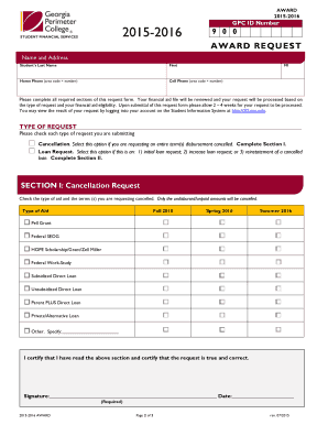 Student Financial Services Award Request Form