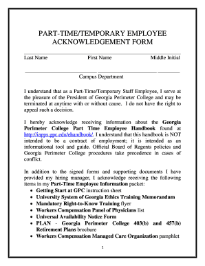 Part-Time Temporary Employee Acknowledgement Form