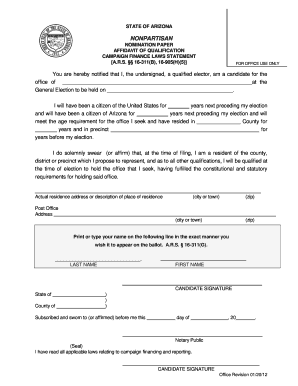 Arizona Nomination Paper Affidavit