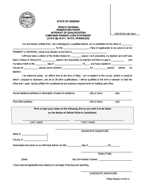 Arizona Write-in Candidate Nomination Paper