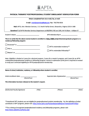 Physical Therapist Postprofessional Student Enrollment Verification Form