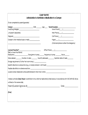 Authorization to Administer Medication to Camper
