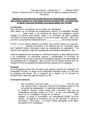 Apéndice del formulario de consentimiento de investigación: Autorización para obtener acceso a la Información Personal de Salud (PHI, en inglés) bajo el Health Insurance Portability and Accountability Act (HIPAA)