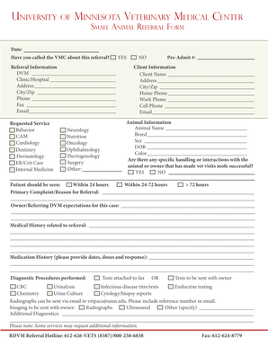 University of Minnesota Veterinary Medical Center Small Animal Referral Form