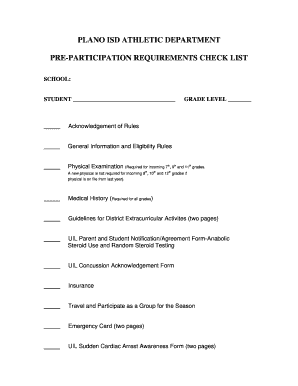 Plano ISD Athletic Department Pre-Participation Checklist
