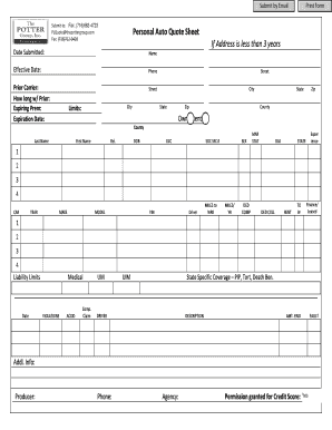 Personal Auto Quote Sheet