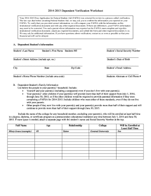 2014-2015 Dependent Verification Worksheet