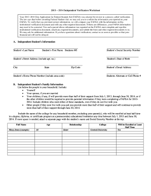 2013-2014 FAFSA Verification Worksheet