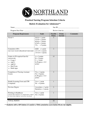 Practical Nursing Program Admission Rubric
