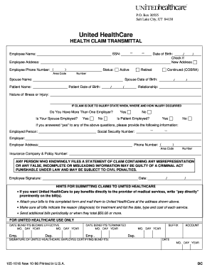 United Healthcare Health Claim Transmittal Form