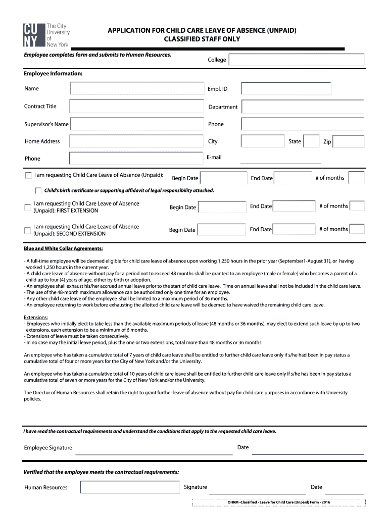 Fillable Online Lehman APPLICATION FOR CHILD CARE LEAVE OF ABSENCE