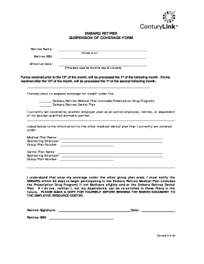Embarq Retiree Suspension of Coverage Form