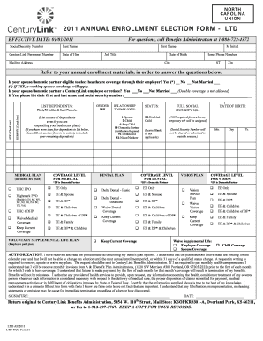 North Carolina Union 2011 Annual Enrollment Election Form