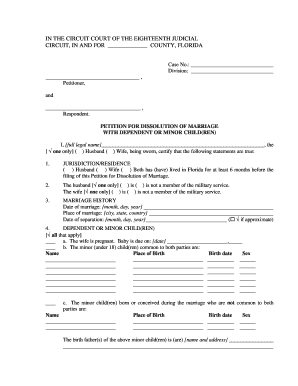 Florida Petition for Dissolution of Marriage with Dependent or Minor Child