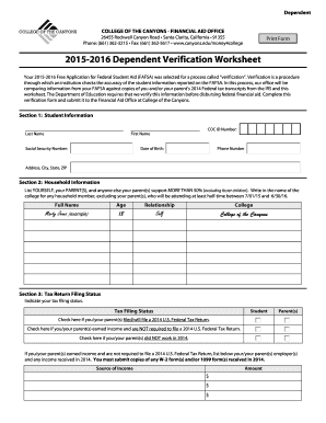 2015-2016 Dependent Verification Worksheet