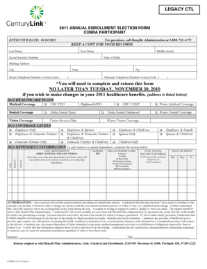 2011 COBRA Annual Enrollment Election Form
