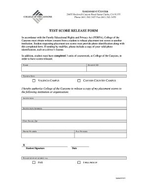 Fillable Online Canyons Test Score Release Form College Of The Fill Online
