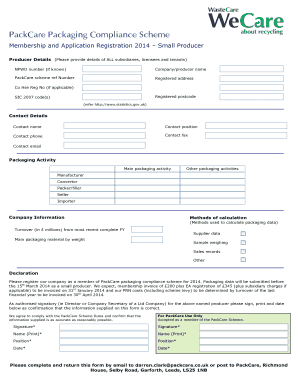 PackCare Packaging Compliance Scheme Membership Application