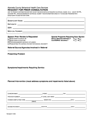 Alameda County Behavioral Health Prior Consultation Request