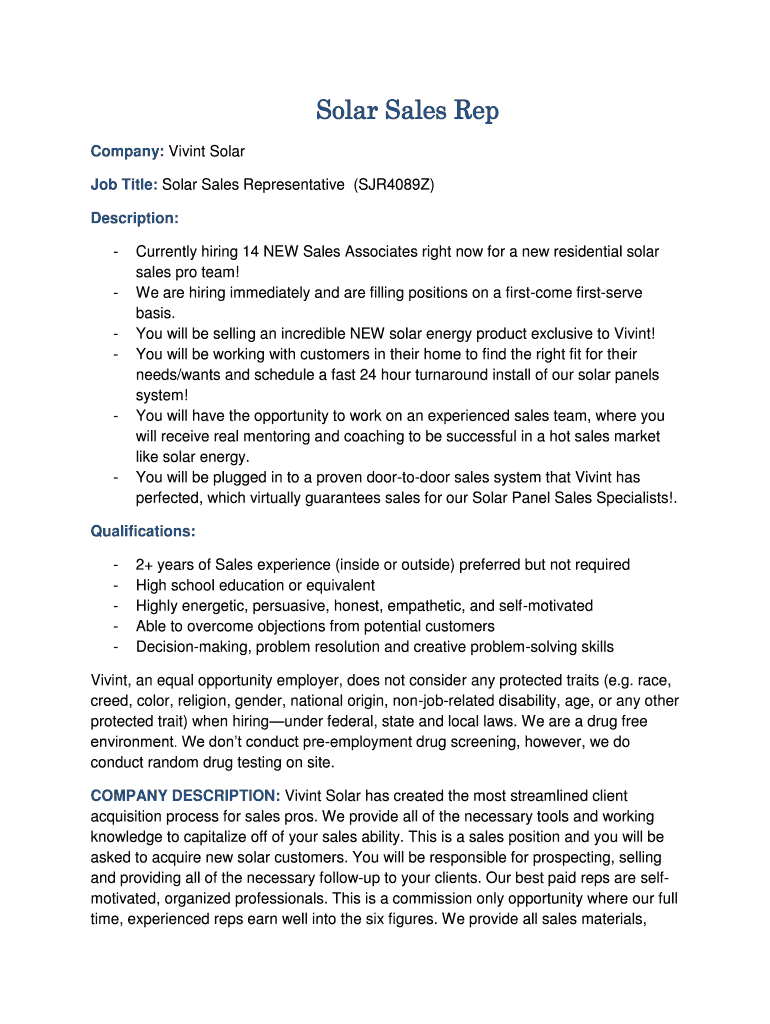 Fillable Online Solar Sales Rep Fax Email Print pdfFiller