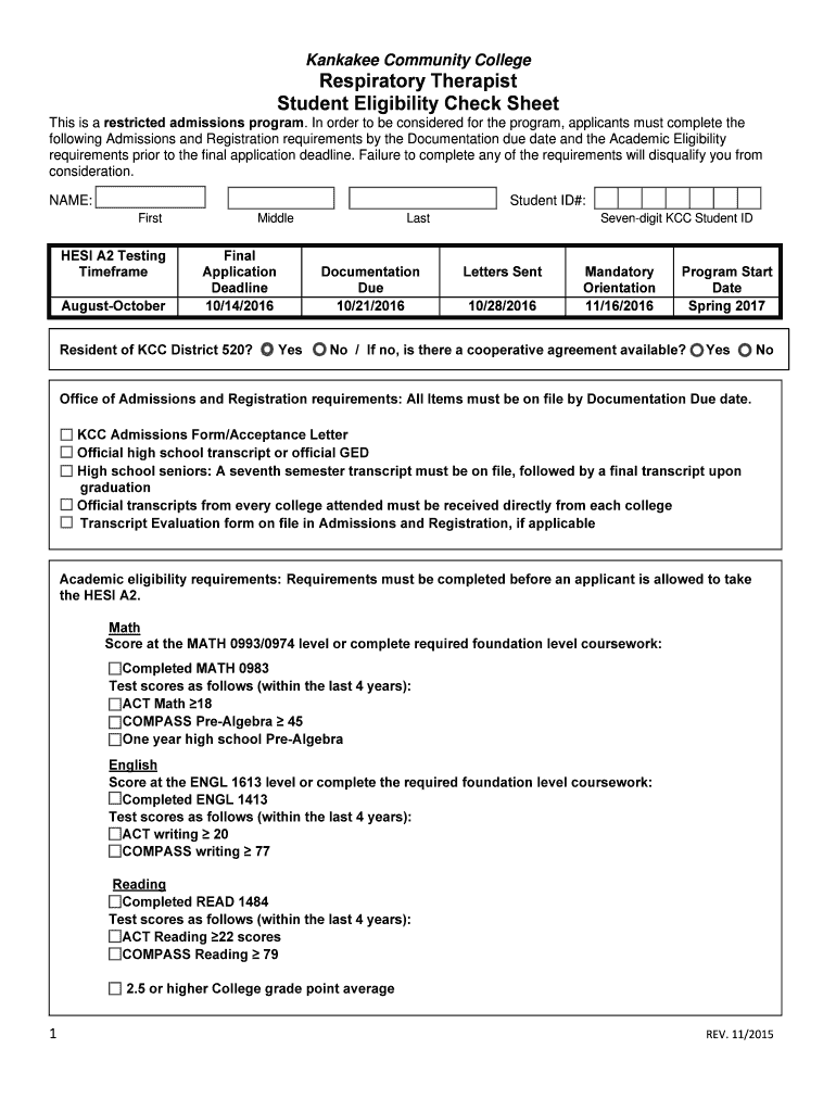 Fillable Online kcc Respiratory Therapist Student check sheet 20162017