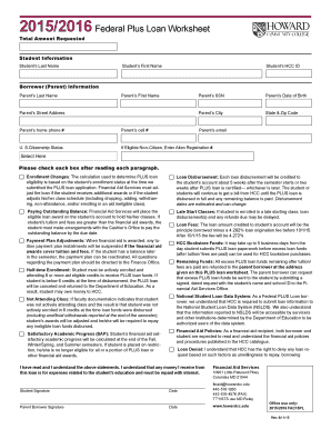 2015/2016 Federal Plus Loan Worksheet