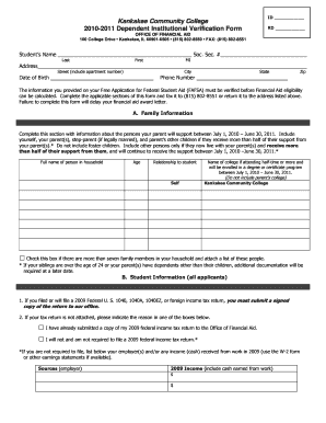 2010-2011 Dependent Institutional Verification Form