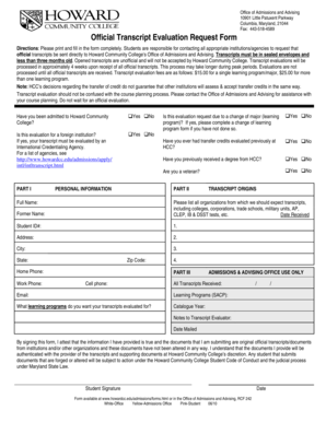 Howard Community College Transcript Evaluation Request Form